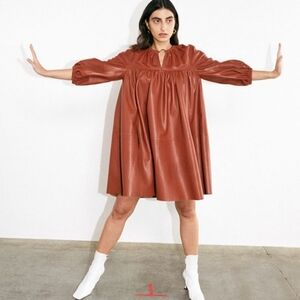 AERON NWT Genuine Leather Trapeze Long Sleeve VNeck Luxurious Dress 38 US 6